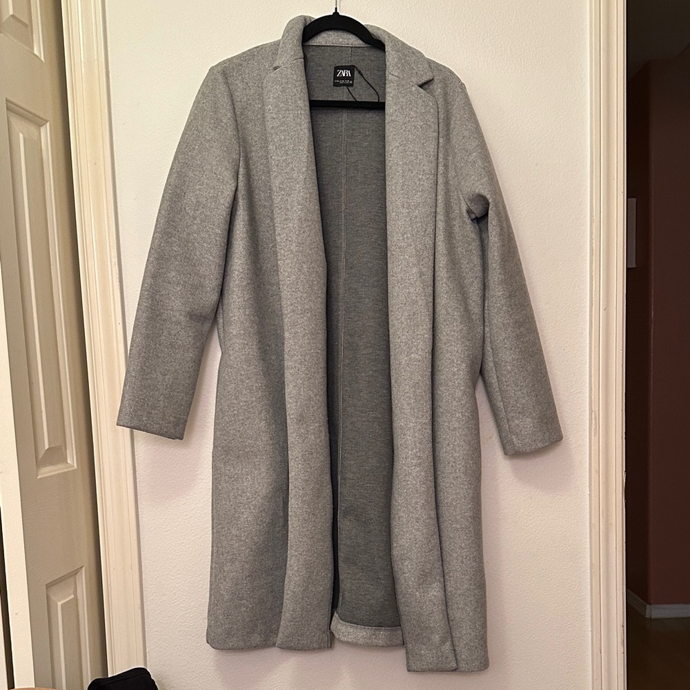 Zara Light Gray Long Open-Front Trench Coat